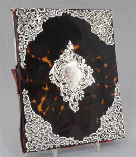 A late Victorian tortoiseshell and pierced silver mounted blotter by William Comyns, 11.5in.